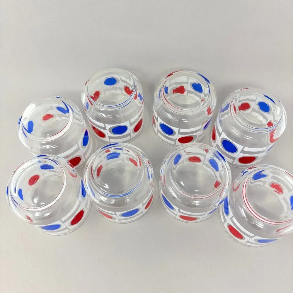 Set of 8 Vintage MCM Libbey Patriotic Red White Blue Dot Pattern Low Ball READ